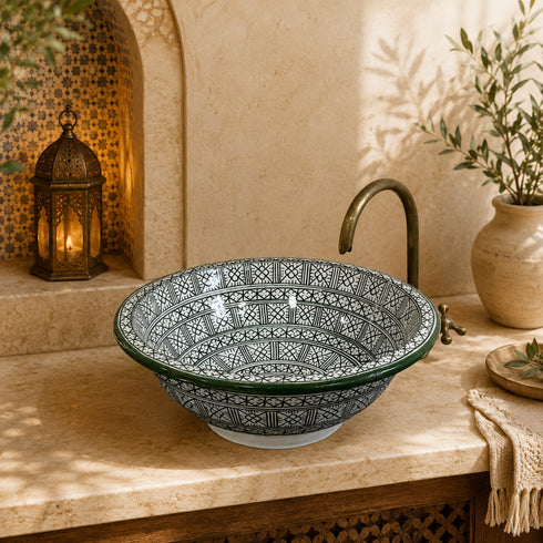 Emerald Mosaic Moroccan Vessel Sink – Green Geometric Ceramic Basin