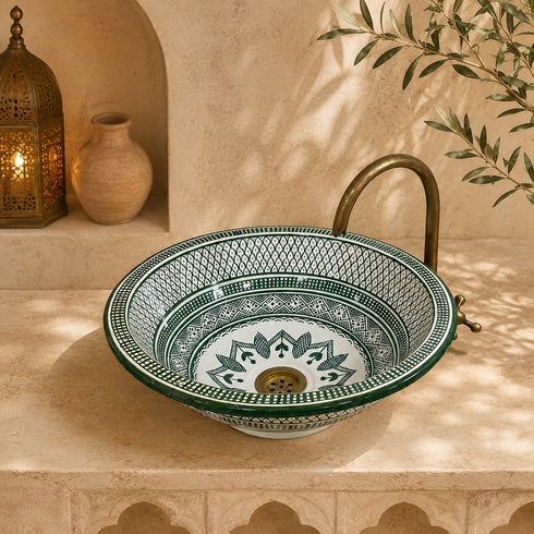 Emerald Riad Ceramic Vessel Sink – Green Geometric Moroccan Basin