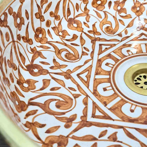 Marrakech Amber Floral Ceramic Vessel Sink – Brass Rim Artisan Basin