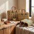 Handwoven Moroccan Straw Tote Bag – Teal, Yellow & Natural Beige mustard geometric