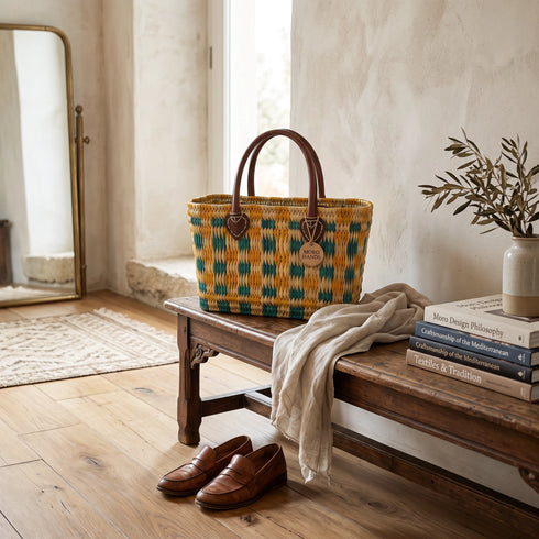 Handwoven Moroccan Straw Tote Bag – Teal, Yellow & Natural Beige mustard geometric