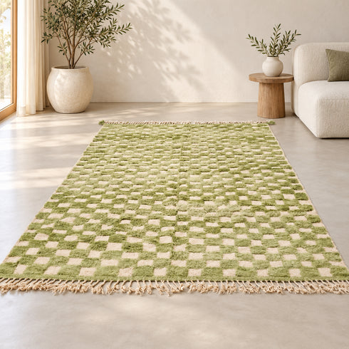 Green Checkered Rug, Moroccan Wool Rug, Handmade Berber Area Rug, Sage Ivory Checkerboard Carpet