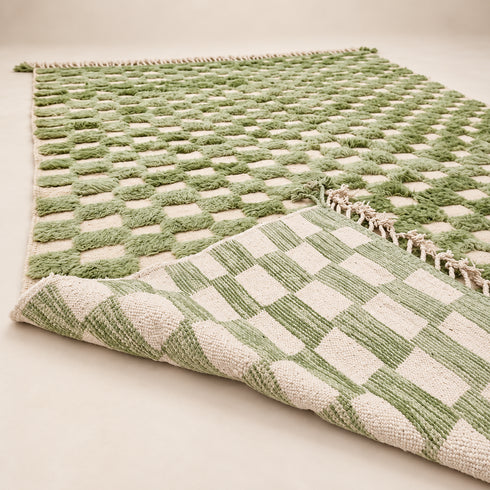 Green Checkered Rug, Moroccan Wool Rug, Handmade Berber Area Rug, Sage Ivory Checkerboard Carpet