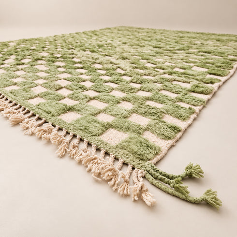 Green Checkered Rug, Moroccan Wool Rug, Handmade Berber Area Rug, Sage Ivory Checkerboard Carpet
