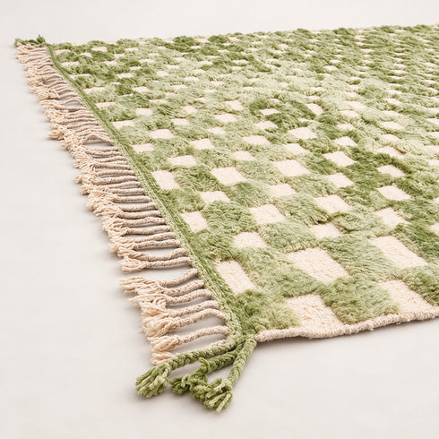 Green Checkered Rug, Moroccan Wool Rug, Handmade Berber Area Rug, Sage Ivory Checkerboard Carpet