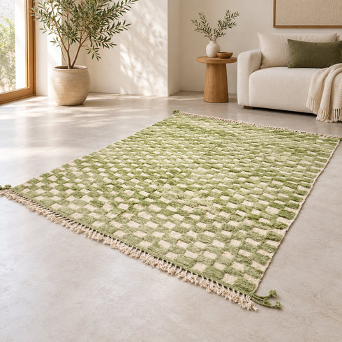 Green Checkered Rug, Moroccan Wool Rug, Handmade Berber Area Rug, Sage Ivory Checkerboard Carpet