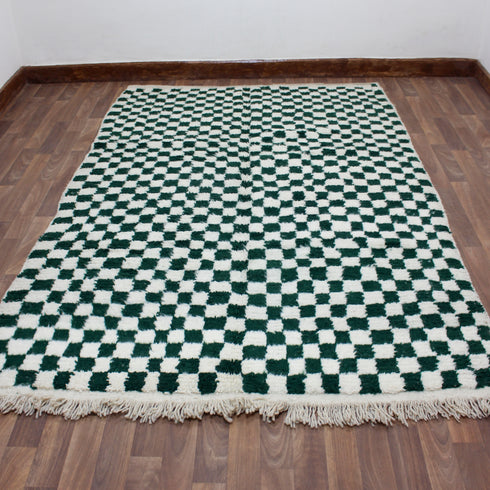 Green Checkered Rug, Moroccan Wool Rug, Berber Rug, Checkerboard Area Rug, Green White Carpet