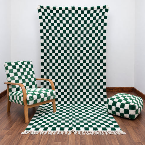 Green Checkered Rug, Moroccan Wool Rug, Berber Rug, Checkerboard Area Rug, Green White Carpet