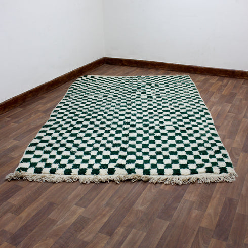 Green Checkered Rug, Moroccan Wool Rug, Berber Rug, Checkerboard Area Rug, Green White Carpet