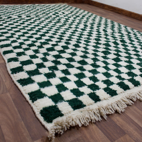 Green Checkered Rug, Moroccan Wool Rug, Berber Rug, Checkerboard Area Rug, Green White Carpet