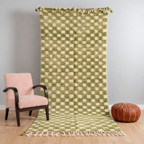 Green Checkered Rug, Moroccan Wool Rug, Handmade Berber Area Rug, Sage Ivory Checkerboard Carpet