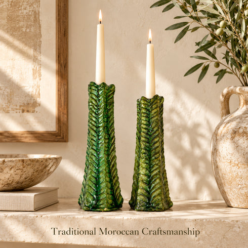 Green Tamegroute Candle Holder, Handmade Moroccan Pottery, Rustic Ceramic Candlestick, Boho Home Decor