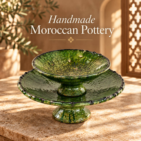 Green Tamegroute Pottery Fruit Stand, Handmade Moroccan Ceramic 2 Tier Serving Bowl, Rustic Table Centerpiece