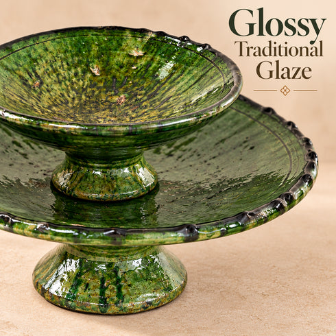 Green Tamegroute Pottery Fruit Stand, Handmade Moroccan Ceramic 2 Tier Serving Bowl, Rustic Table Centerpiece