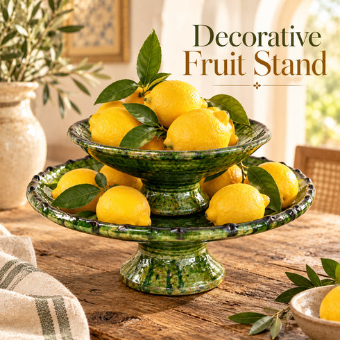 Green Tamegroute Pottery Fruit Stand, Handmade Moroccan Ceramic 2 Tier Serving Bowl, Rustic Table Centerpiece