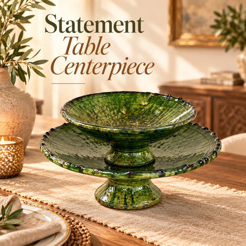 Green Tamegroute Pottery Fruit Stand, Handmade Moroccan Ceramic 2 Tier Serving Bowl, Rustic Table Centerpiece