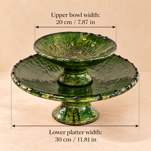 Green Tamegroute Pottery Fruit Stand, Handmade Moroccan Ceramic 2 Tier Serving Bowl, Rustic Table Centerpiece