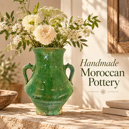 Green Tamegroute Vase, Handmade Moroccan Pottery, Rustic Ceramic Flower Vase with Handles, Boho Home Decor