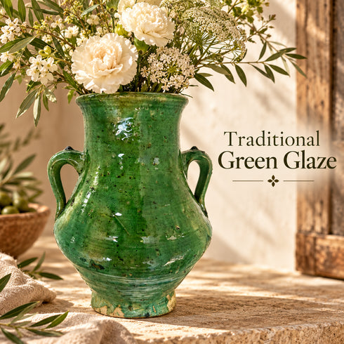 Green Tamegroute Vase, Handmade Moroccan Pottery, Rustic Ceramic Flower Vase with Handles, Boho Home Decor