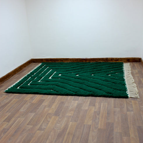 Green Moroccan Wool Rug, Geometric Berber Rug, Ivory Line Handmade Area Carpet, Modern Beni Ourain Rug