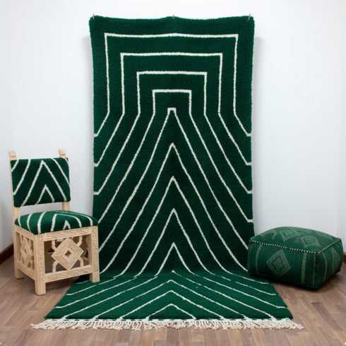 Green Moroccan Wool Rug, Geometric Berber Rug, Ivory Line Handmade Area Carpet, Modern Beni Ourain Rug