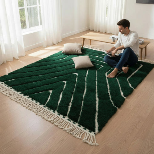 Green Moroccan Wool Rug, Geometric Berber Rug, Ivory Line Handmade Area Carpet, Modern Beni Ourain Rug