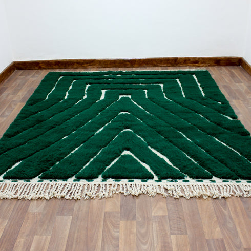 Green Moroccan Wool Rug, Geometric Berber Rug, Ivory Line Handmade Area Carpet, Modern Beni Ourain Rug