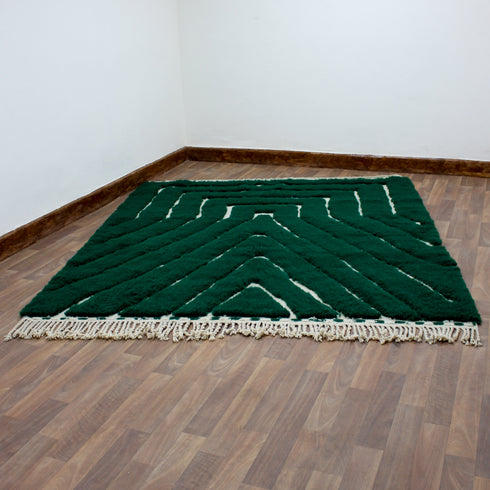 Green Moroccan Wool Rug, Geometric Berber Rug, Ivory Line Handmade Area Carpet, Modern Beni Ourain Rug