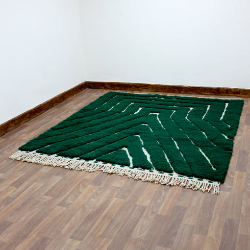 Green Moroccan Wool Rug, Geometric Berber Rug, Ivory Line Handmade Area Carpet, Modern Beni Ourain Rug