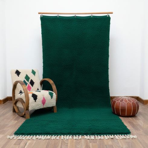 Green Moroccan Wool Rug, Solid Emerald Berber Rug, Handmade Plush Area Carpet, Minimalist Beni Ourain Rug