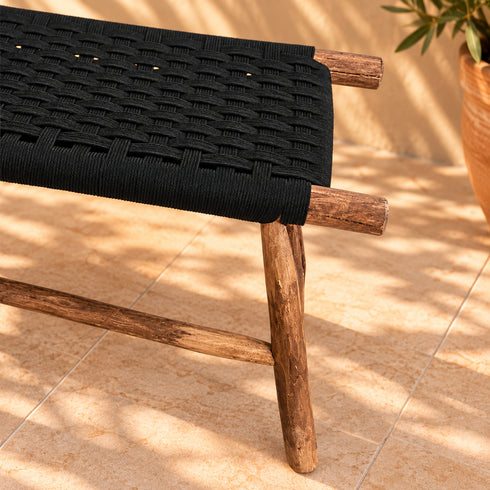 Handcrafted Moroccan Wooden Bench with Black Woven Seat, Rustic Boho Accent Stool for Entryway, Bedroom, Living Room or Patio Description