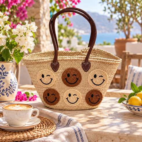 Handmade Moroccan Straw Basket Bag, Woven Smiley Face Beach Tote, Raffia Summer Market Bag, Boho Gift for Her