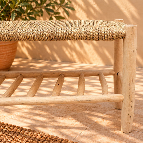 Handcrafted Moroccan Wooden Bench with Natural Woven Seagrass Seat and Lower Storage Shelf, Rustic Boho Entryway Home Decor