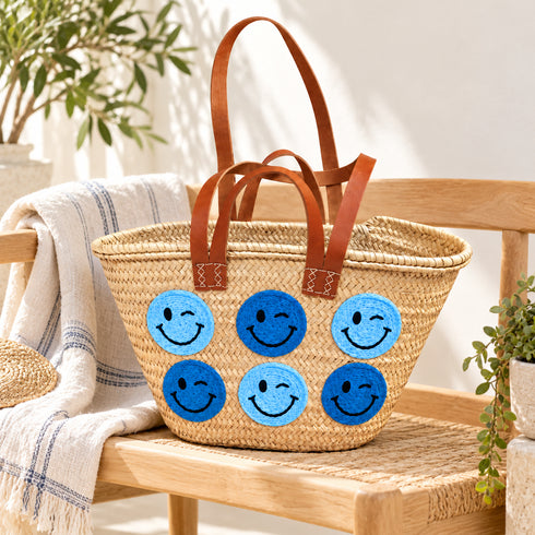 Handwoven Straw Basket Bag with Smiley Faces, Moroccan Raffia Beach Tote, Leather Handle Summer Market Bag