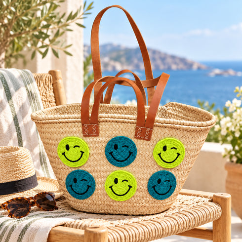 Handwoven Straw Basket Bag with Smiley Faces, Moroccan Raffia Beach Tote, Leather Handle Summer Market Bag