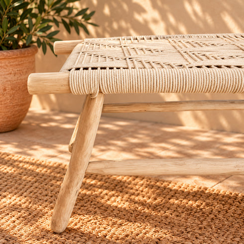Handcrafted Moroccan Wooden Bench with Woven Rope Seat, Geometric Boho Design, Rustic Entryway and Home Decor Accent