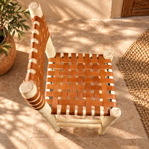 Handcrafted Moroccan Wooden Dining Chair with Cognac Woven Leather Seat and Backrest – Rustic Boho Artisan Chair