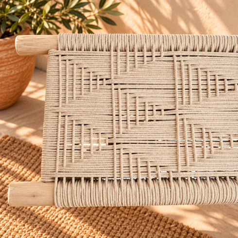 Handcrafted Moroccan Wooden Bench with Woven Rope Seat, Geometric Boho Design, Rustic Entryway and Home Decor Accent