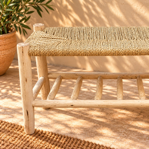 Handcrafted Moroccan Wooden Bench with Natural Woven Seagrass Seat and Lower Storage Shelf, Rustic Boho Entryway Home Decor