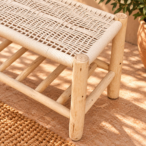 Handcrafted Moroccan Wooden Bench with Woven Rope Seat and Lower Storage Shelf, Rustic Boho Entryway Stool for Home Decor