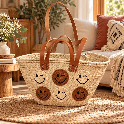 Handwoven Straw Basket Bag with Smiley Faces, Moroccan Raffia Beach Tote, Leather Handle Summer Market Bag