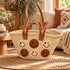 Handwoven Straw Basket Bag with Smiley Faces, Moroccan Raffia Beach Tote, Leather Handle Summer Market Bag