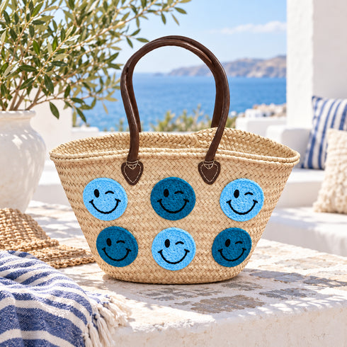 Handmade Moroccan Straw Basket Bag, Woven Smiley Face Beach Tote, Raffia Summer Market Bag, Boho Gift for Her