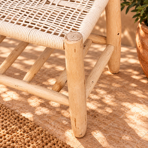 Handcrafted Moroccan Wooden Bench with Woven Rope Seat and Lower Storage Shelf, Rustic Boho Entryway Stool for Home Decor