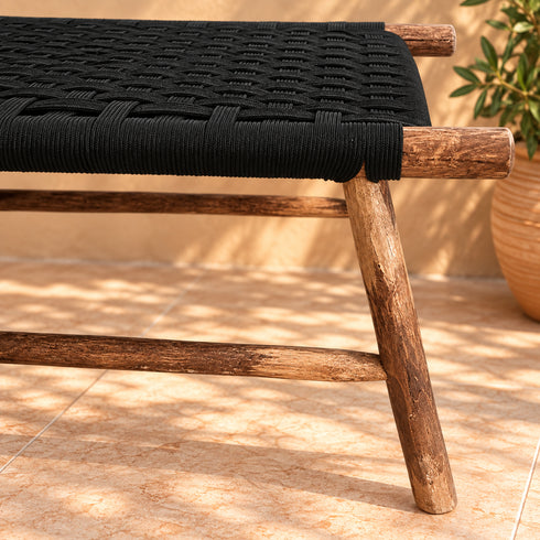 Handcrafted Moroccan Wooden Bench with Black Woven Seat, Rustic Boho Accent Stool for Entryway, Bedroom, Living Room or Patio Description