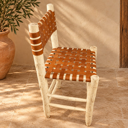 Handcrafted Moroccan Wooden Dining Chair with Cognac Woven Leather Seat and Backrest – Rustic Boho Artisan Chair