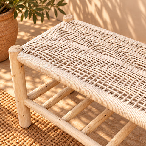 Handcrafted Moroccan Wooden Bench with Woven Rope Seat and Lower Storage Shelf, Rustic Boho Entryway Stool for Home Decor