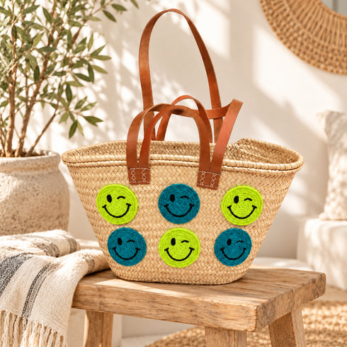 Handwoven Straw Basket Bag with Smiley Faces, Moroccan Raffia Beach Tote, Leather Handle Summer Market Bag
