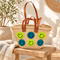 Handwoven Straw Basket Bag with Smiley Faces, Moroccan Raffia Beach Tote, Leather Handle Summer Market Bag