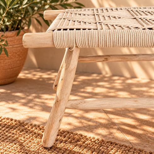 Handcrafted Moroccan Wooden Bench with Woven Rope Seat, Geometric Boho Design, Rustic Entryway and Home Decor Accent